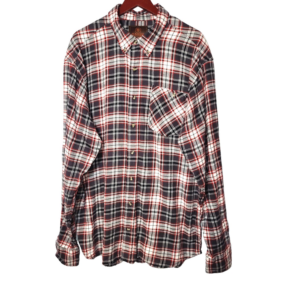 Ranch Tough Gray/Red Plaid Button Down Flannel‎ Shirt Pocket XL Tall Outdoor